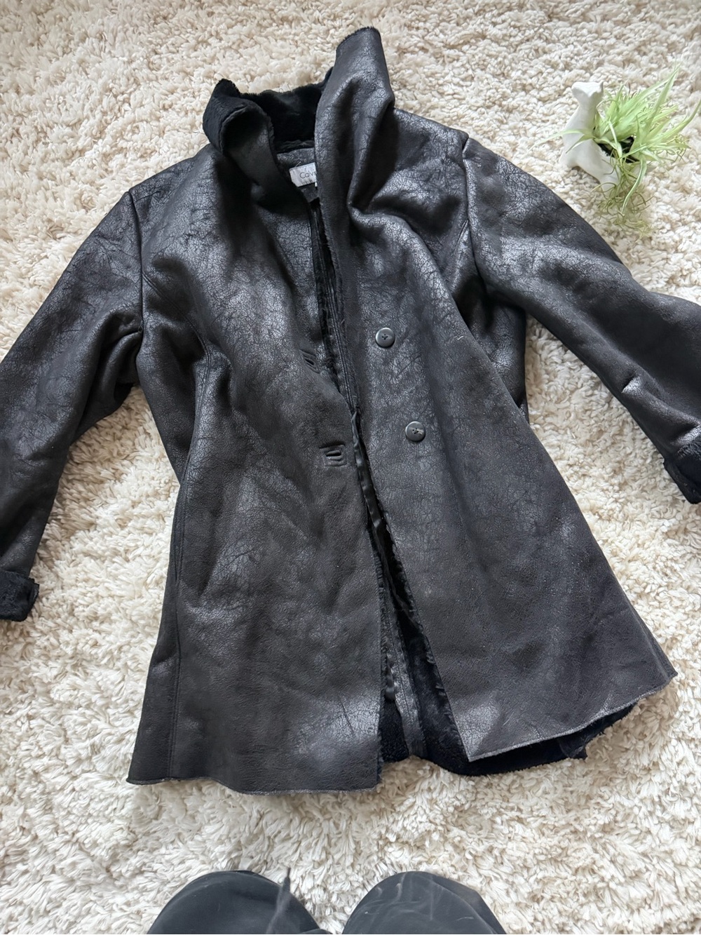 Calvin Klein Black Faux Leather Shearling-Trim Jacket